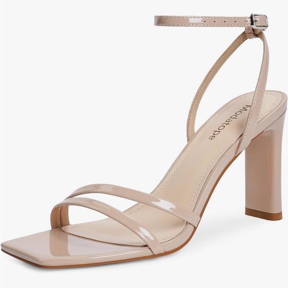 Shoes - Nude Patent Ankle-Strap Block Heel Sandals